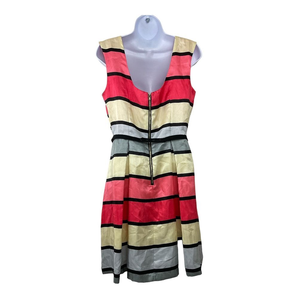 Danny & Nicole Red, Cream & Black Striped Sleeveless Belted Midi‎ Dress Sz 10 - Picture 3 of 6
